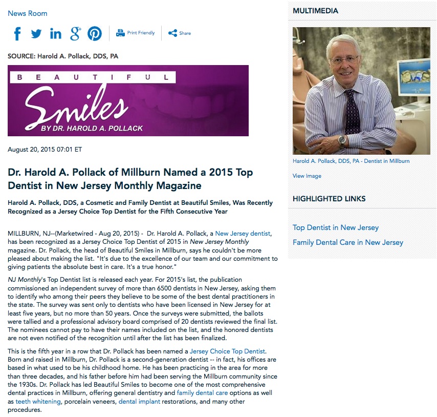 Dr. Harold A. Pollack of Millburn Named a 2015 Top Dentist in New